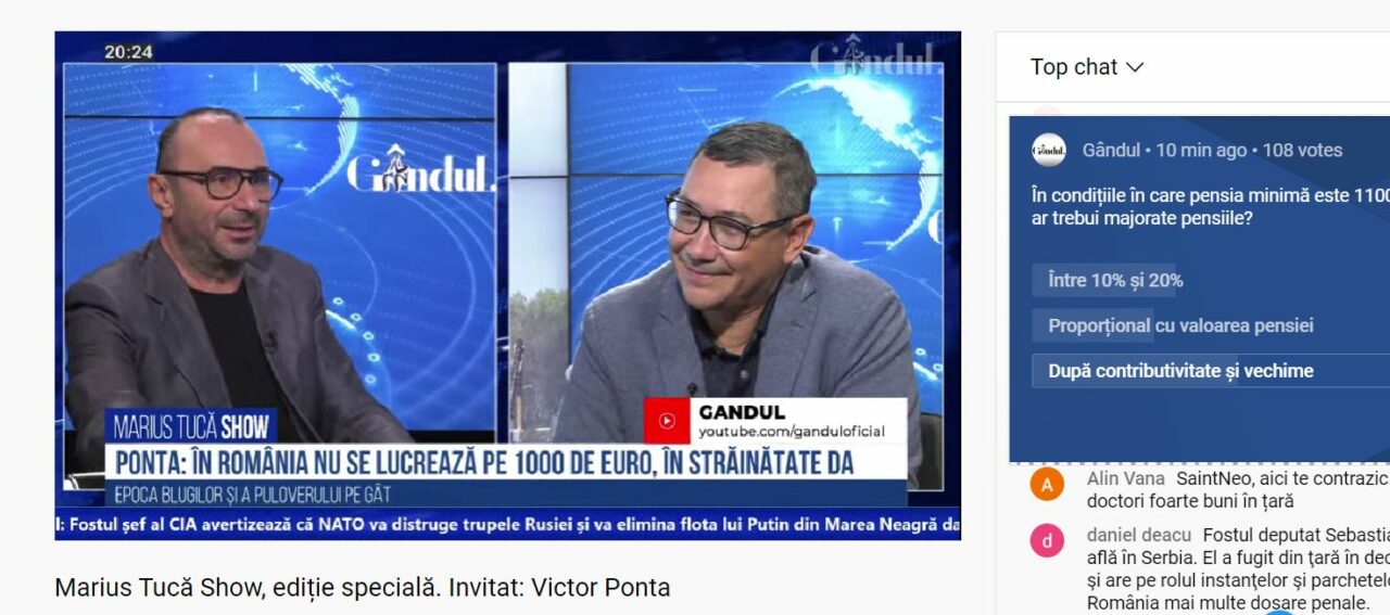 Poll Marius Tucă Show: „În condițiile în care pensia minimă este 1100 lei, cu cât ar trebui majorate pensiile?”. Ce au răspuns românii