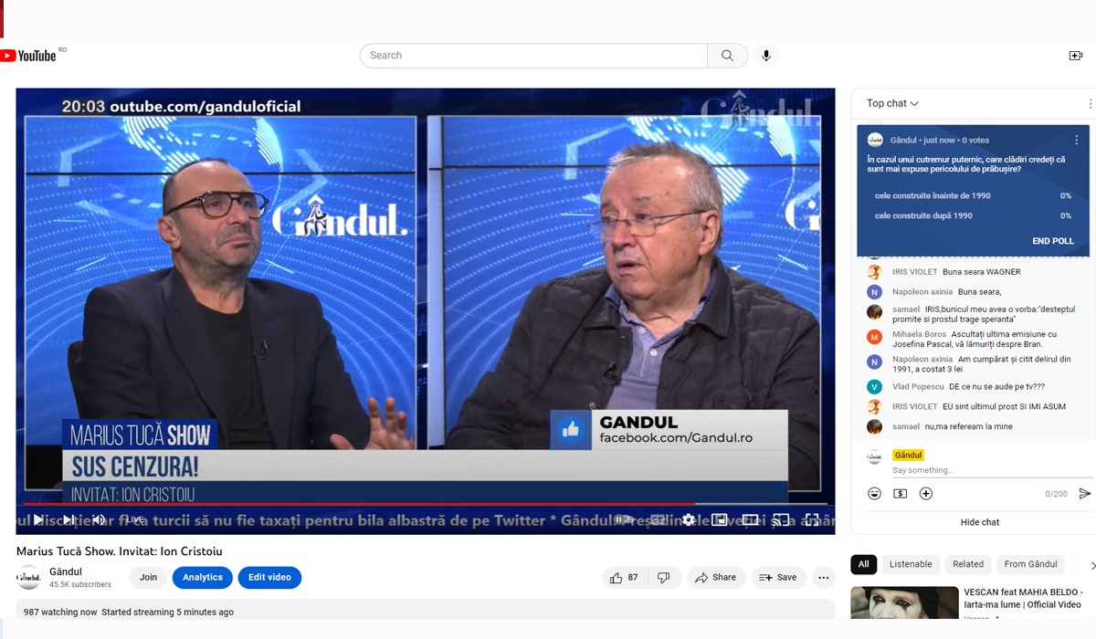 Poll Marius Tucă Show: „În cazul unui cutremur puternic, care clădiri credeți că sunt mai expuse pericolului de prăbușire?”. Au fost propuse două perioade de timp