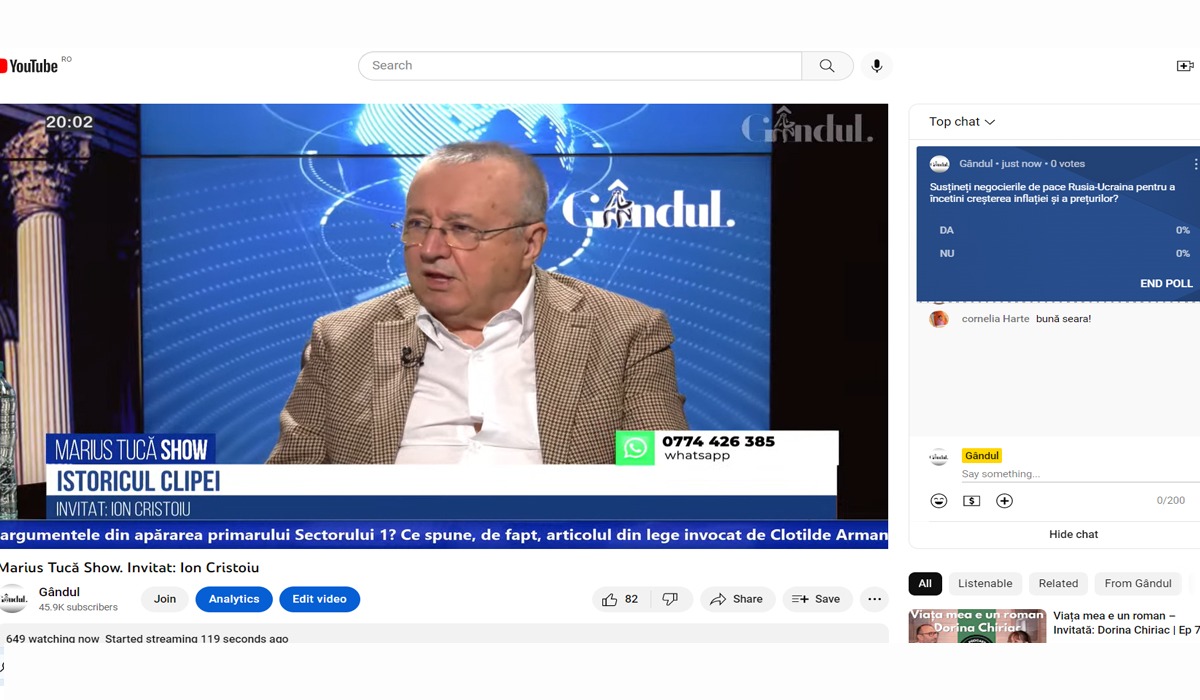 Poll Marius Tucă Show: „Susțineți negocierile de pace dintre Rusia și Ucraina, pentru a încetini creșterea inflației și a prețurilor?”