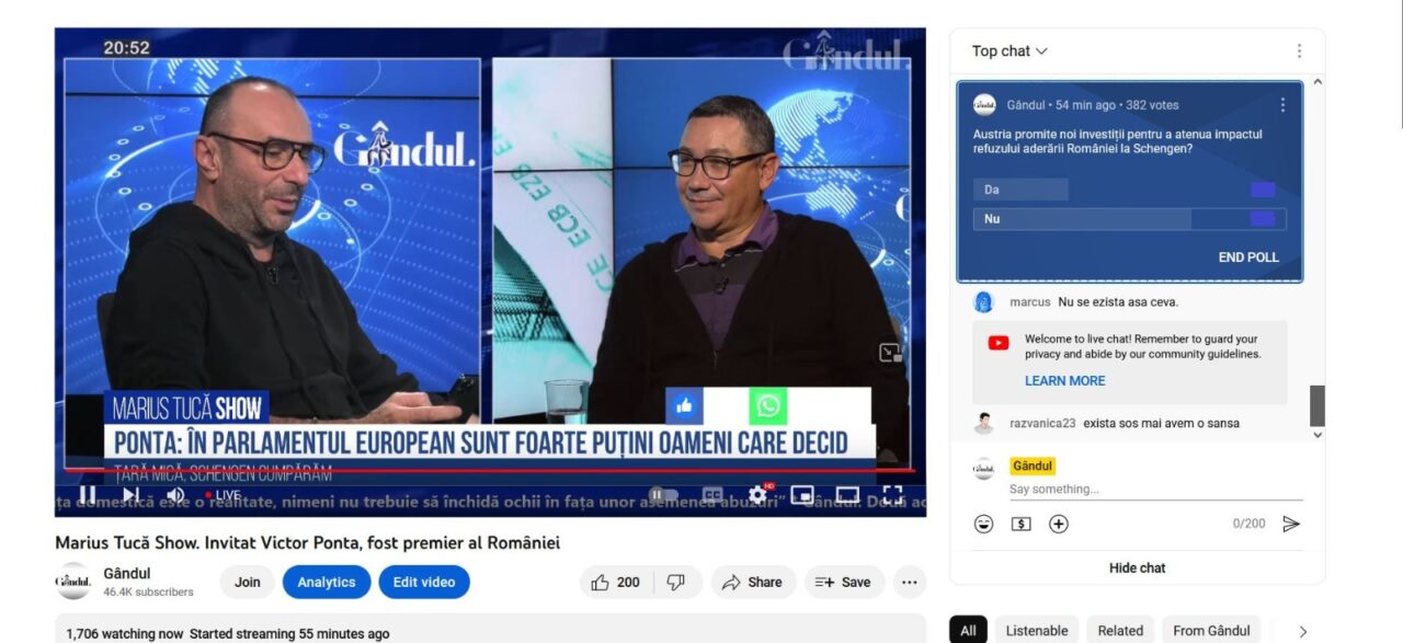 Poll Marius Tucă Show: „Austria promite noi investiții pentru a atenua impactul refuzului aderării României la Schengen?”. Ce cred românii