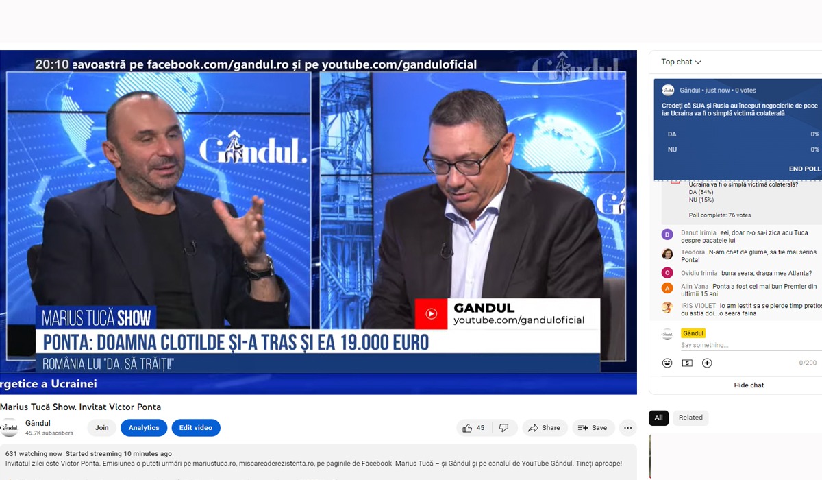 Poll Marius Tucă Show: „Credeți că SUA și Rusia au început negocierile de pace, iar Ucraina va fi o simplă victimă colaterală?”