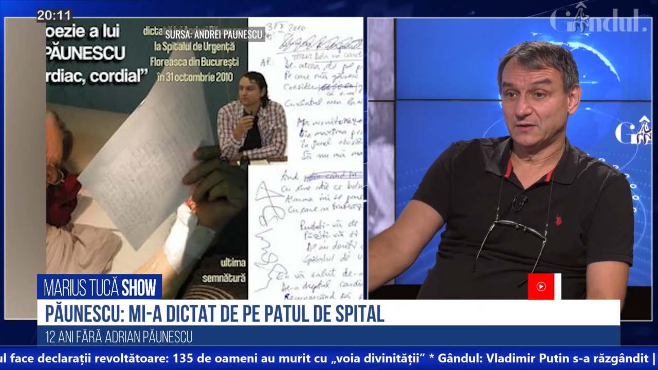 VIDEO | Andrei Păunescu, la 12 ani de la decesul lui Adrian Păunescu: „Nici pe patul de moarte nu concepea să fie altfel decât un poet și un om public impecabil”