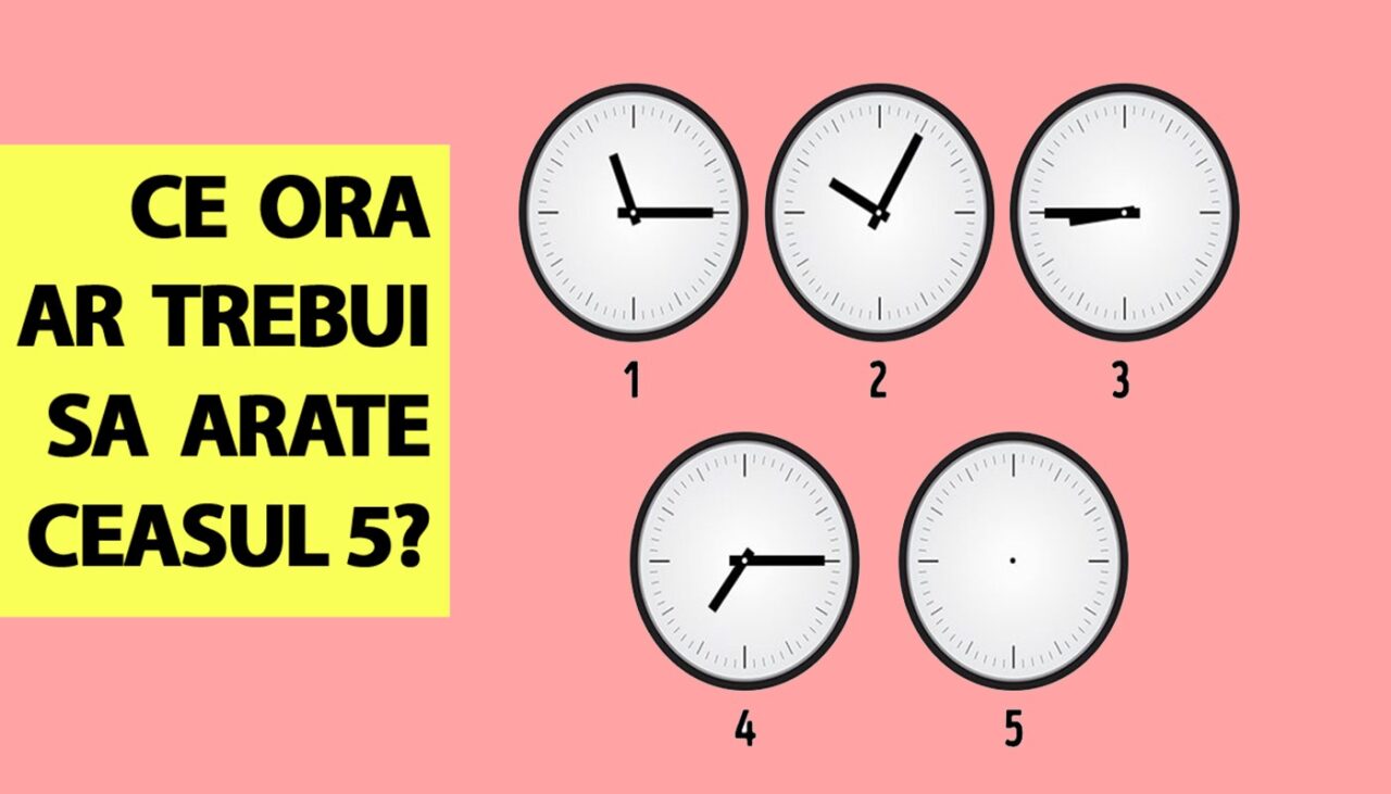 Test IQ exclusiv pentru genii | Ce oră indică al cincilea ceas din imagine?
