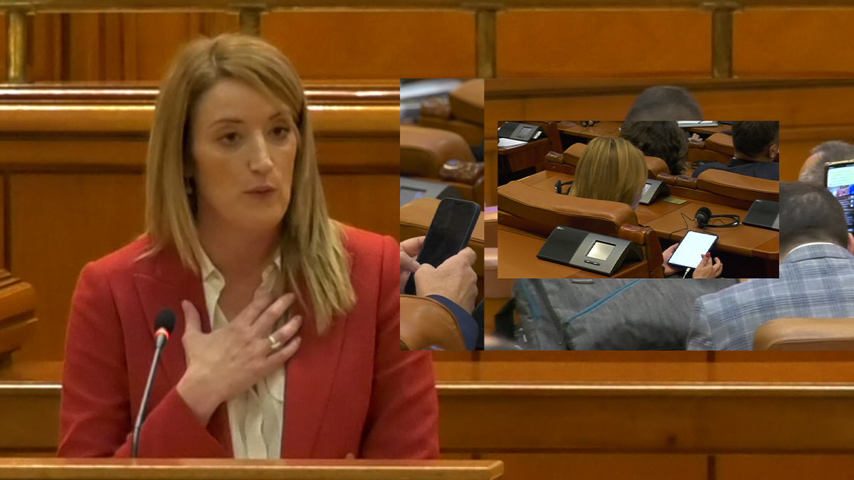 EXCLUSIV VIDEO | Ce nu s-a văzut din Parlament în timp ce Roberta Metsola transmitea mesajul de susținere a aderării României la Schengen și apelul ”Nu renunțați la Europa, nu renunțați la noi!” 