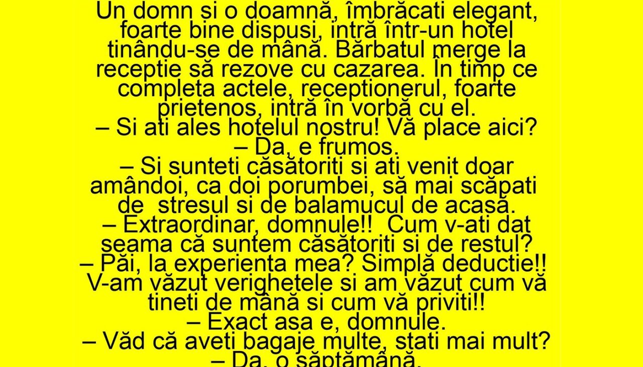 Bancul de marți | Un domn și o doamnă intră în hotel, ținându-se de mână