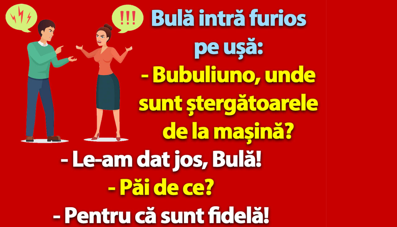 BANC | Bulă intră furios pe ușă: „Bubulino, unde sunt ștergătoarele de la mașină?”