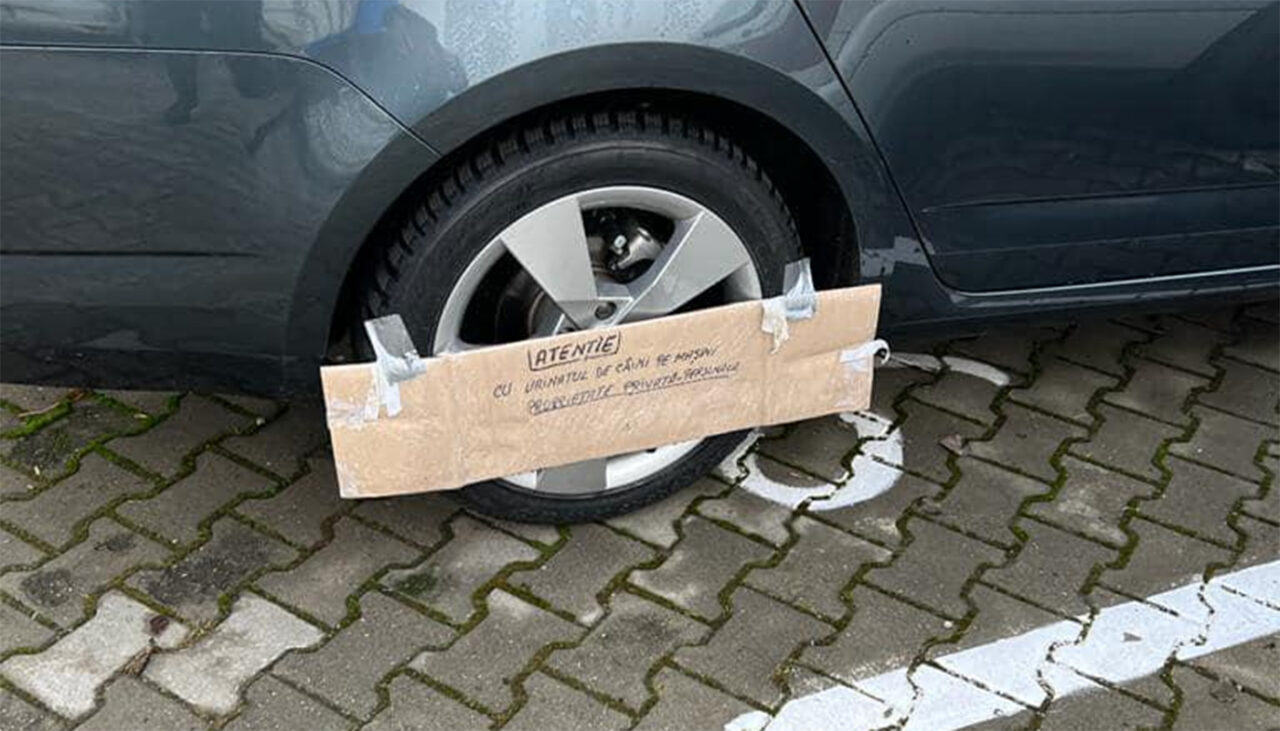 Râzi cu lacrimi! Ce mesaj absurd a scris un șofer clujean pe un carton fixat pe roata mașinii sale