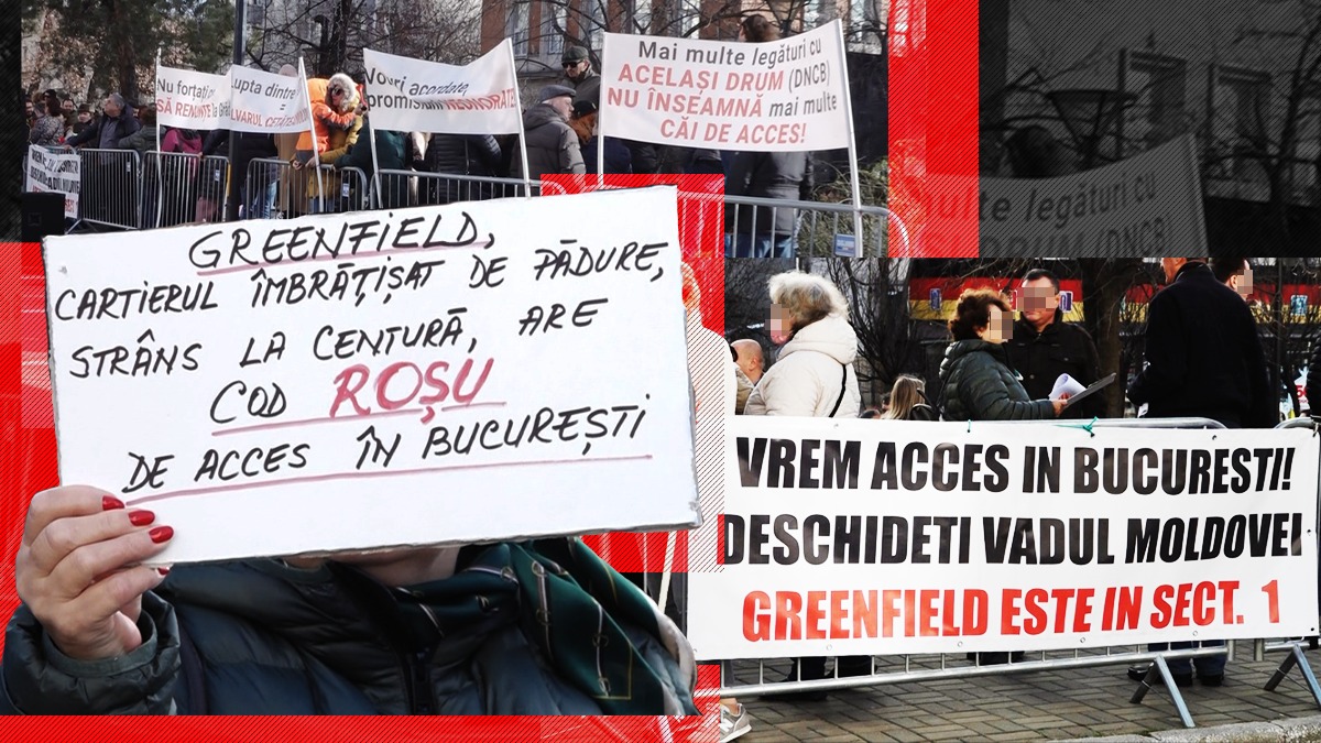 EXCLUSIV VIDEO | Zeci de locuitori ai cartierului Greenfield Băneasa au protestat la Primăria Sectorului 1. „Copiii mei au pături în mașină și dorm o oră și ceva până ajungem la grădiniță și la școală. Primarul Clotilde Armand nu ne respectă”