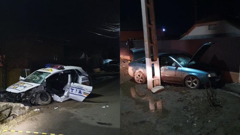 FOTO – Mașină a Poliţiei Buzău, implicată într-un accident rutier. Agentul urmărea un şofer care alimentase la o benizărie și a plecat fără să plătească. Doi oameni au ajuns la spital
