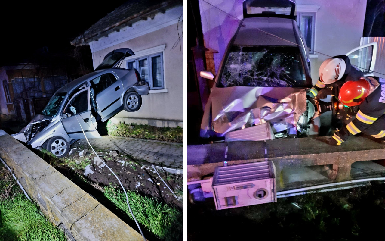 Cascador fără voie. O familie din Giurgiu s-a trezit cu o mașină înfiptă în peretele casei, în miez de noapte. Șoferul a ajuns la spital