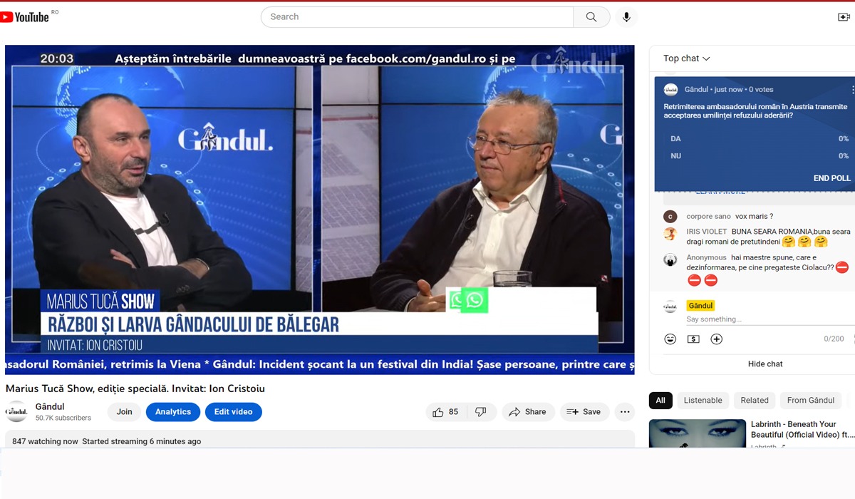 Poll Marius Tucă Show: „Retrimiterea ambasadorului român în Austria transmite acceptarea umilinței refuzului aderării?”