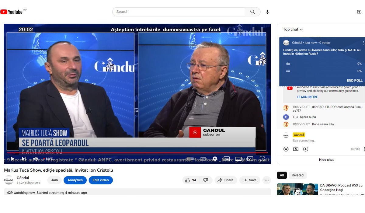 Poll Marius Tucă Show: „Credeți că, odată cu livrarea tancurilor, SUA și NATO au intrat în război cu Rusia?