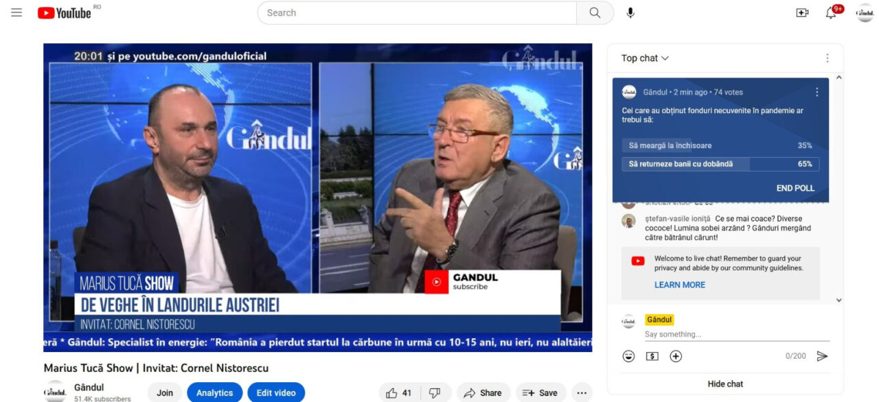 Poll Marius Tucă Show: „Ce ar trebui să pățească cei care au obținut fonduri necuvenite în pandemie?”. Au existat două variante de răspuns