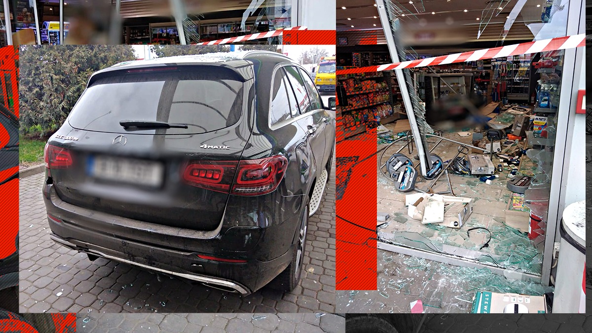 FOTO: Șoferul unui Mercedes a distrus o parte dintr-o benzinărie din Arad. Poliția: „Efectua o manevră de mers înapoi”