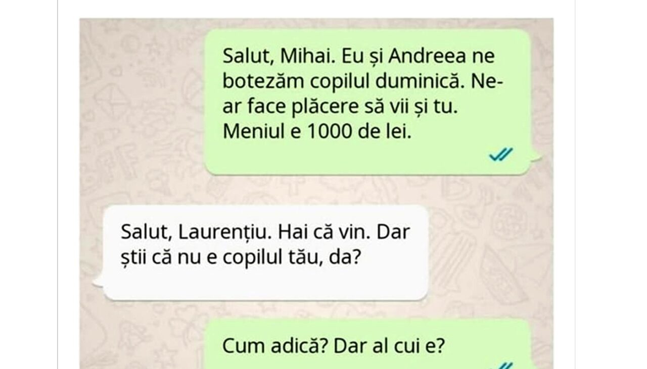 Bancul de sâmbătă | „Eu și Andreea ne botezăm copilul duminică. Meniul e 1.000 de lei”