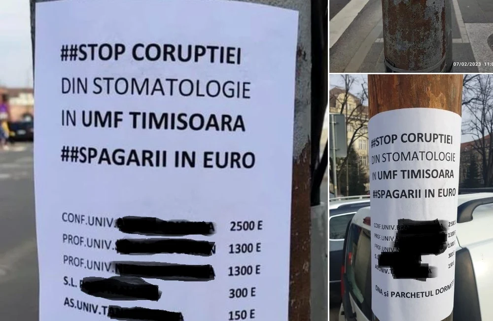 O femeie a lipit AFIȘE pe stâlpii de lângă Universitatea de Medicină și Farmacie din Timișoara, prin care denunţă corupția de la Facultatea de Stomatologie