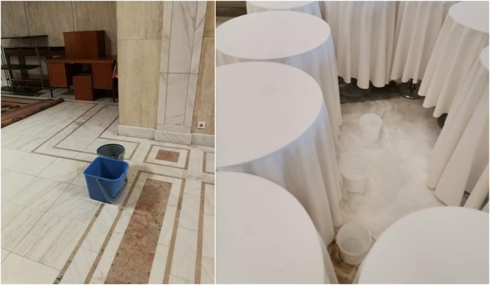 Holurile din cadrul Parlamentului, pline de găleți cu apă, din cauza tavanului spart: „Timpul trece, legislatura se schimbă, găleata rămâne”