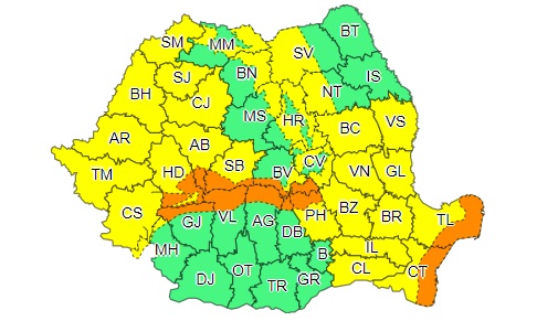 HARTĂ ANM - Cea mai mare parte a ţării se va afla sub avertizare cod galben de vânt puternic şi ninsori