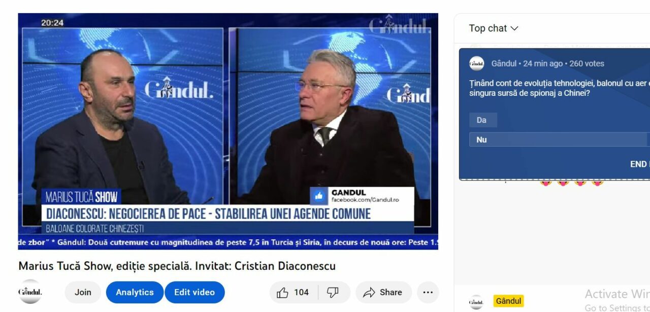 POLL Marius Tucă Show: „Ținând cont de evoluția tehnologiei, balonul cu aer e singura sursă de spionaj a Chinei?”