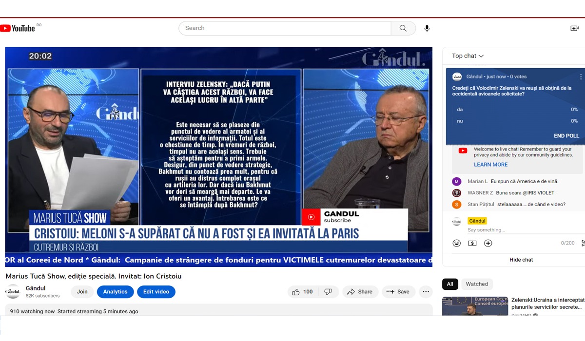 POLL Marius Tucă Show: „Credeți că Volodimir Zelenski va reuși să obțină de la occidentali avioanele solicitate?”