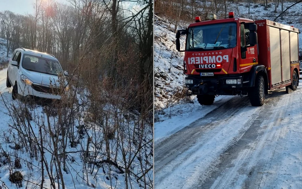 Un șofer a fost la un pas să cadă într-o prăpastie, după ce a DERAPAT cu mașina pe gheață. Pompierii l-au salvat în ultimul moment