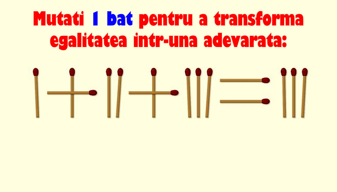 Test de inteligență | Mutați un singur chibrit pentru a transforma egalitatea din imagine într-una adevărată!