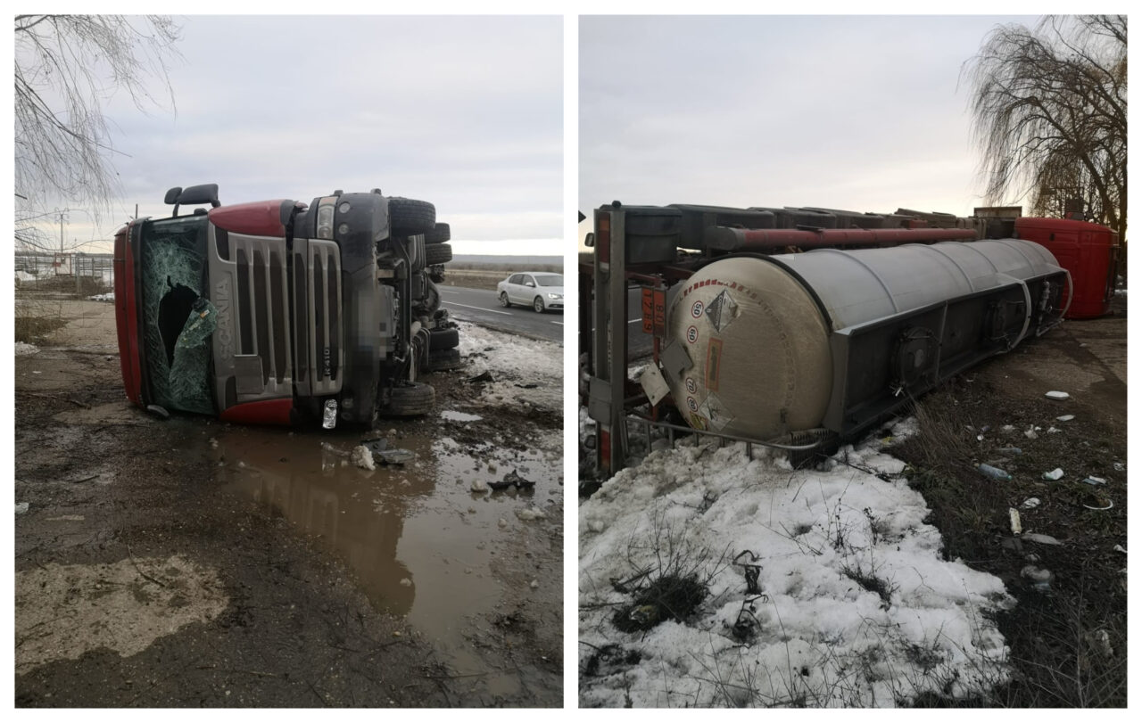 Un șofer bulgar s-a răsturnat cu TIR-ul încărcat cu acid clorhidric, într-o parcare din Vrancea. Ce manevră încerca să facă bărbatul