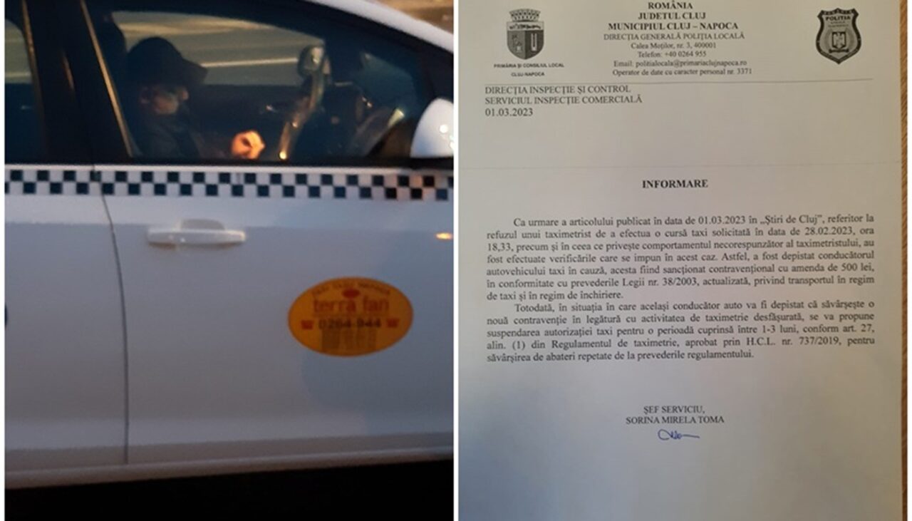 Câți lei a primit amendă TAXIMETRISTUL din Cluj-Napoca, după ce a refuzat o clientă pe motiv că este unguroaică