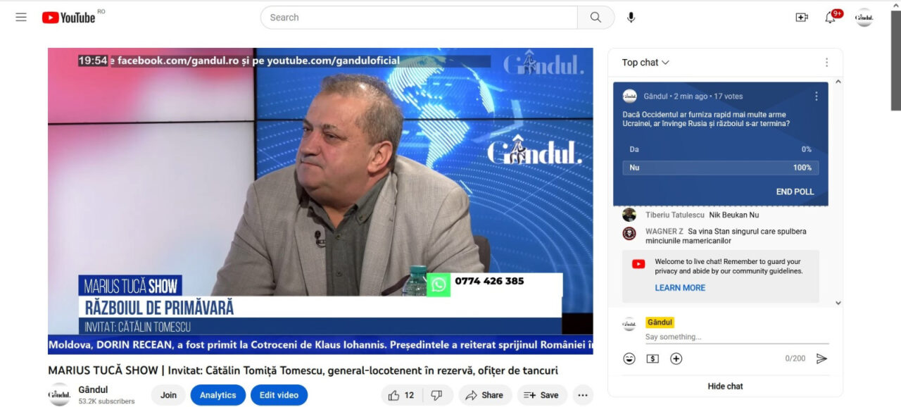POLL Marius Tucă Show: „Dacă Occidentul ar furniza rapid mai mult armament Ucrainei, ar înfrânge Rusia și războiul s-ar termina mai repede?”