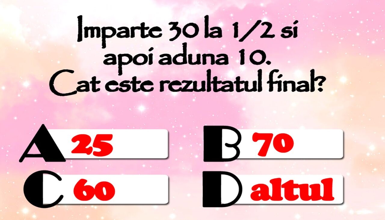 TEST IQ exclusiv pentru matematicieni | Împarte 30 la 1/2 și adună 10. Ce rezultat obții?