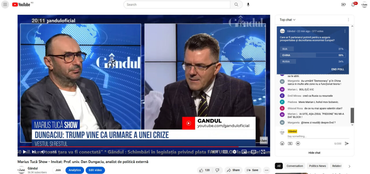 POLL Marius Tucă Show: „Care ar fi partenerul potrivit pentru a asigura prosperitatea și dezvoltarea economiei Europei?”. Au fost propuse trei state