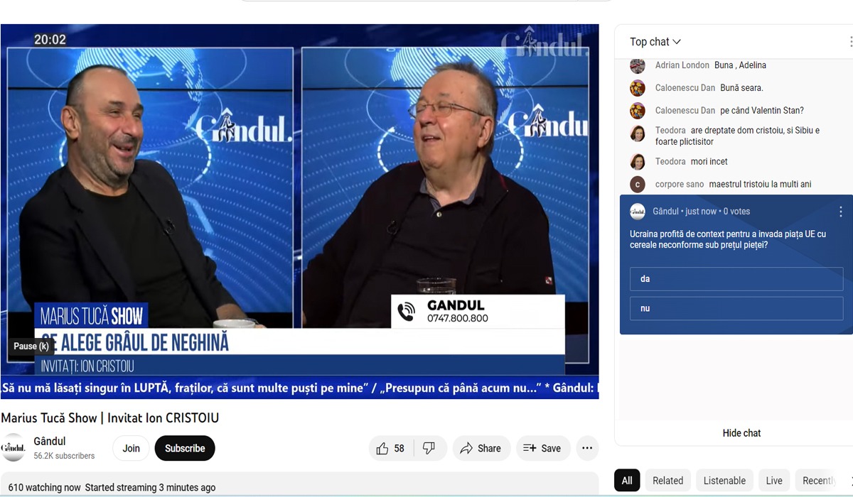 POLL Marius Tucă Show: ”Ucraina profită de context pentru a invada piața UE cu cereale neconforme sub prețul pieței?”
