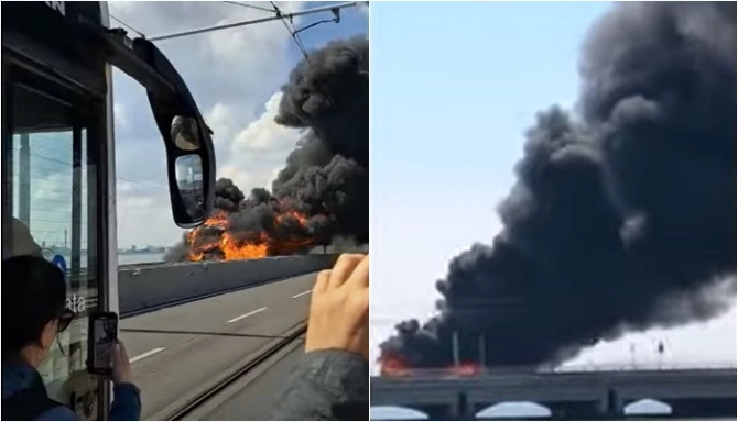 VIDEO | Un autobuz cu pasageri, care făcea legătura între Aeroportul Treviso și Veneția, a luat foc și a apoi a explodat pe un pod din Italia