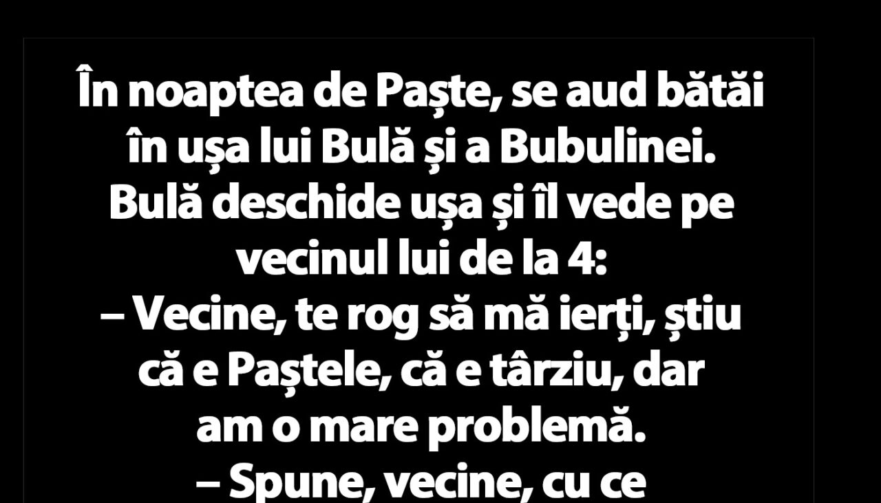 BANC | În noaptea de Paște, se aud bătăi în ușa lui Bulă și a Bubulinei
