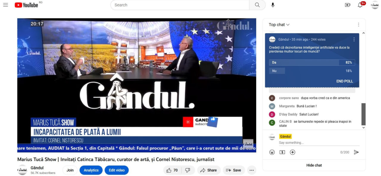 POLL Marius Tucă Show: „Credeți că dezvoltarea inteligenței artificiale va duce la pierderea multor locuri de muncă?”