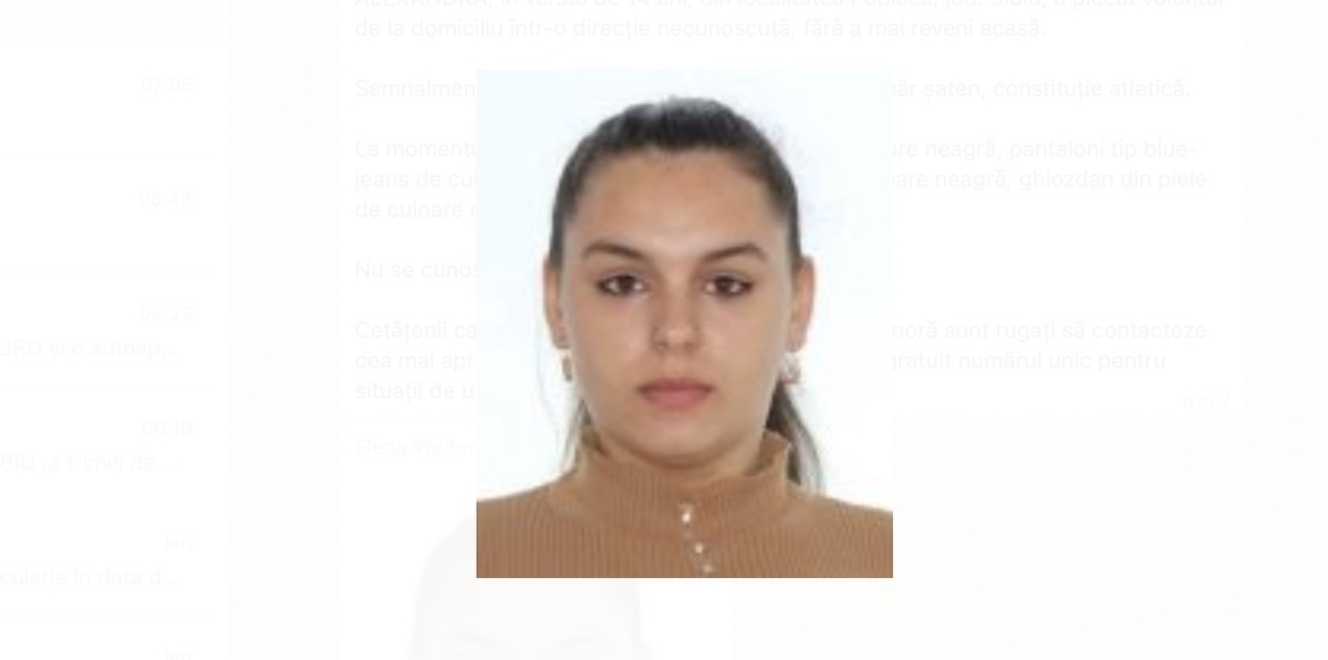 SIBIU. Adolescentă în vârstă de 14 ani, dispărută de acasă