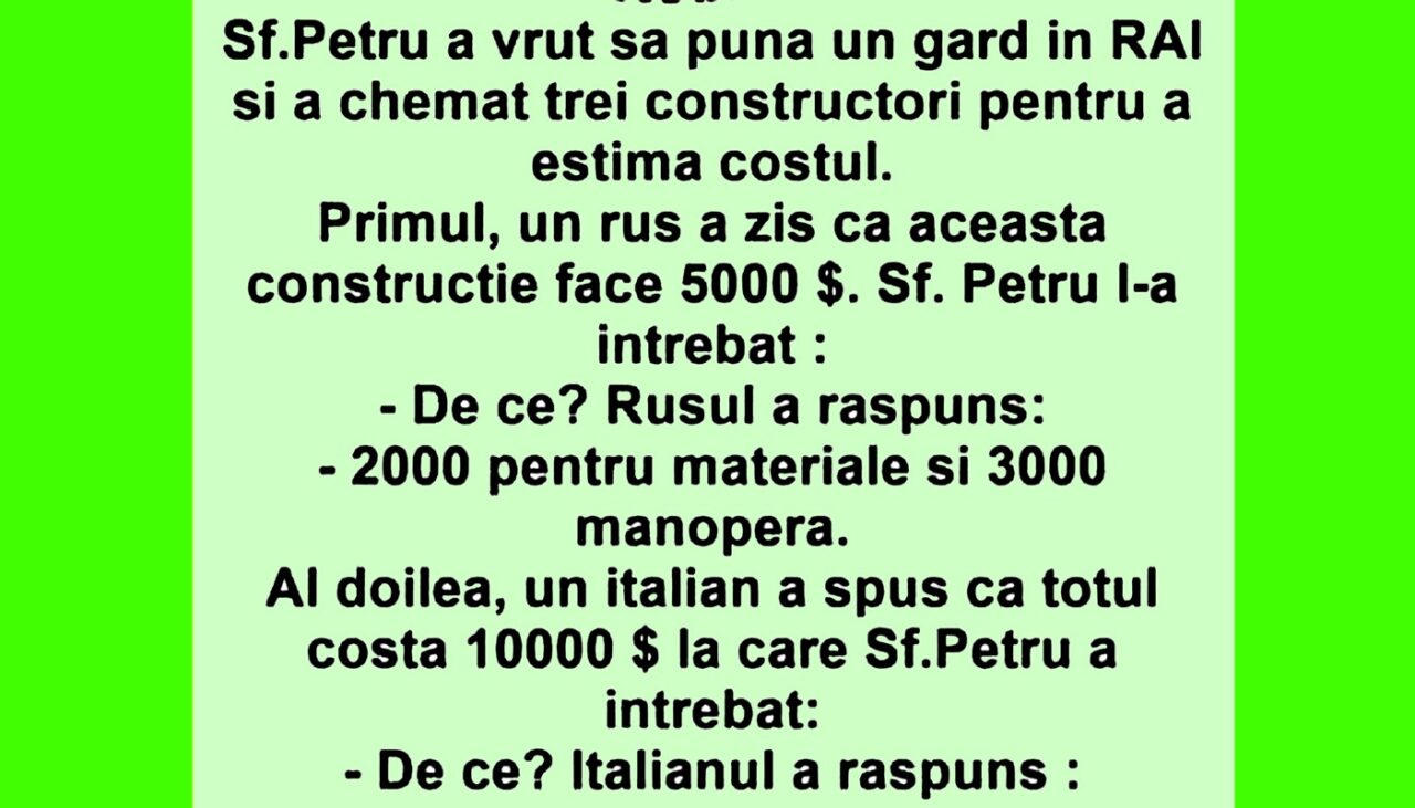 Bancul de duminică | Sfântul Petru vrea să facă un gard în Rai și cheamă 3 constructori