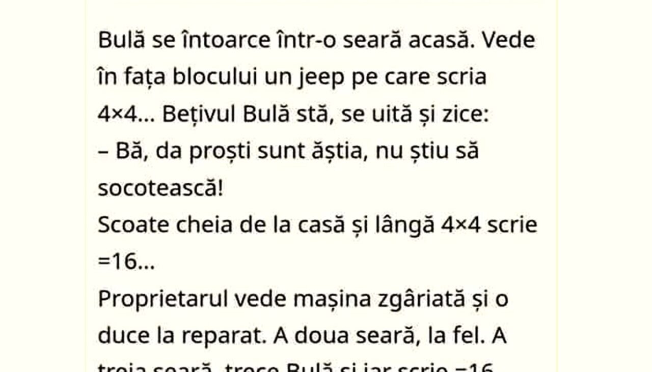 BANCUL ZILEI | Bulă se întoarce acasă și vede un Jeep în fața blocului