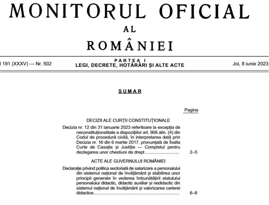 DOCUMENT: Declaraţia privind politica sectorială de salarizare a personalului din sistemul naţional de învăţământ, publicată în Monitorul Oficial