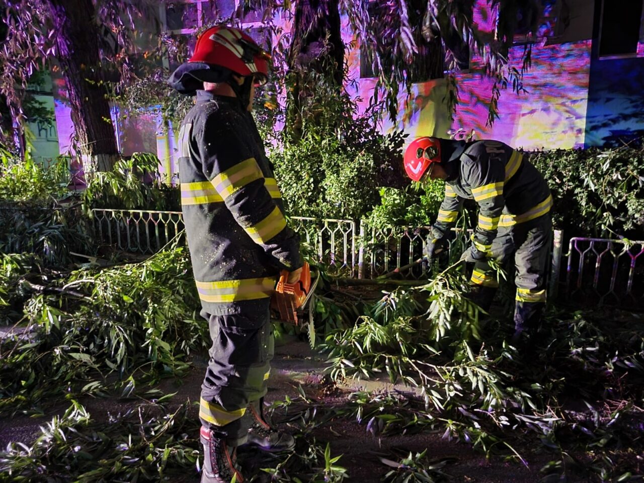 FOTO-VIDEO. Autoturisme distruse de furtună, în Giurgiu. Copacii și panourile publicitare s-au prăbușit din cauza vijeliei