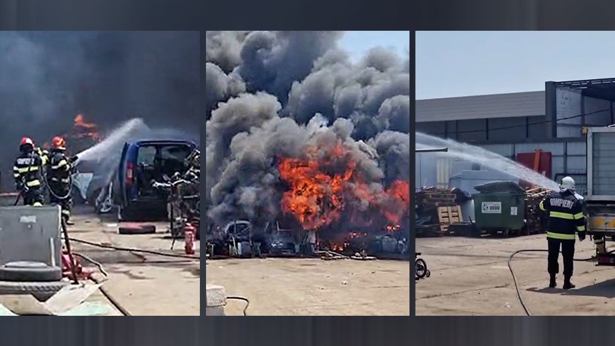 VIDEO. Incendiu violent la o hală de dezmembrări auto din Caracal. Un bărbat de 31 de ani cu arsuri pe mâini și picioare, dus de urgență la spital
