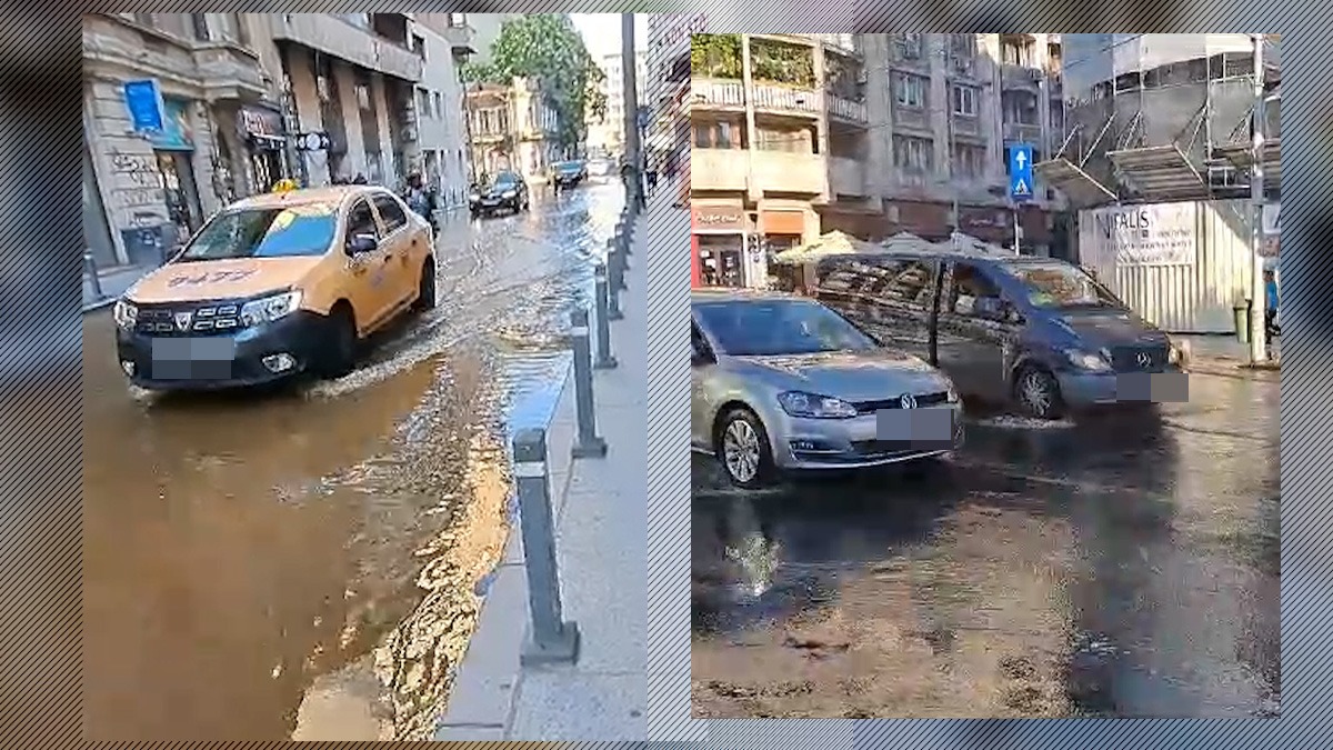 VIDEO | Inundație masivă în centrul Capitalei. O țeavă spartă a umplut străzile de apă. Traficul este dirijat de polițiști