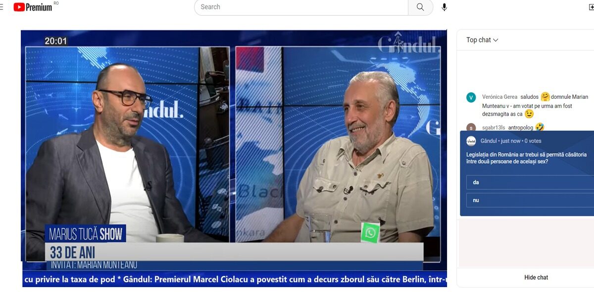 POLL Marius Tucă Show: „Legislația din România ar trebui să permită căsătoria între două persoane de același sex?”