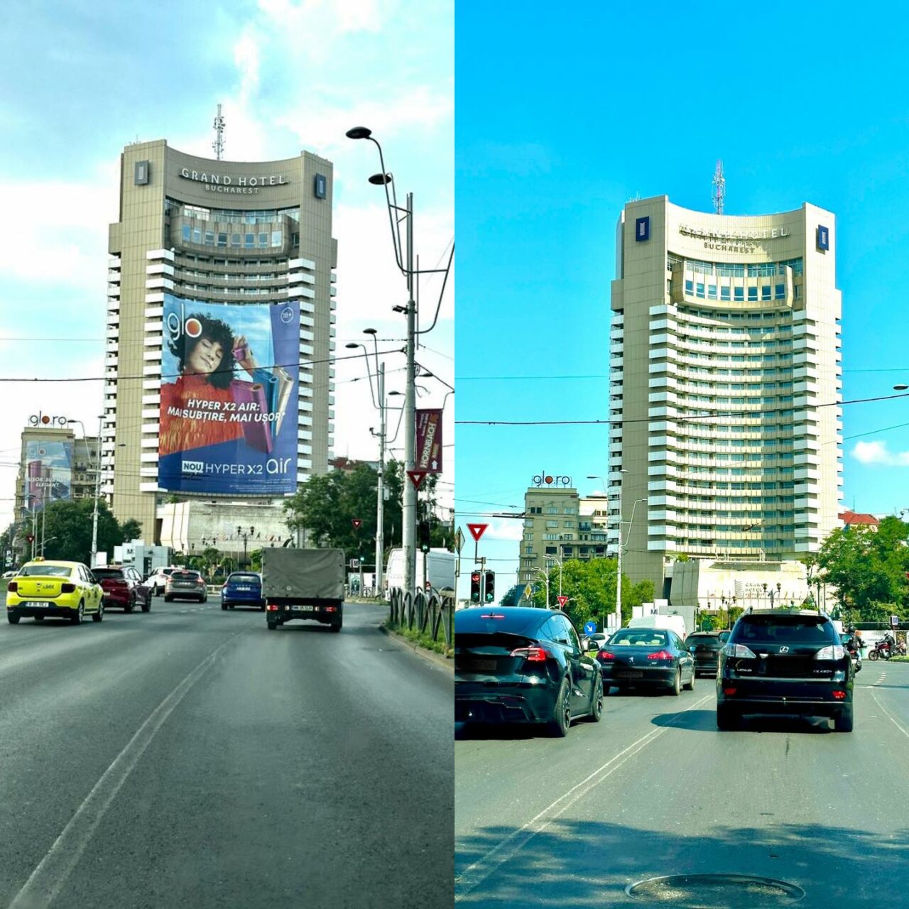 O companie a fost amendată pentru montarea fără autorizație pe Grand Hotel București (fostul Intercontinental) a unui panou publicitar