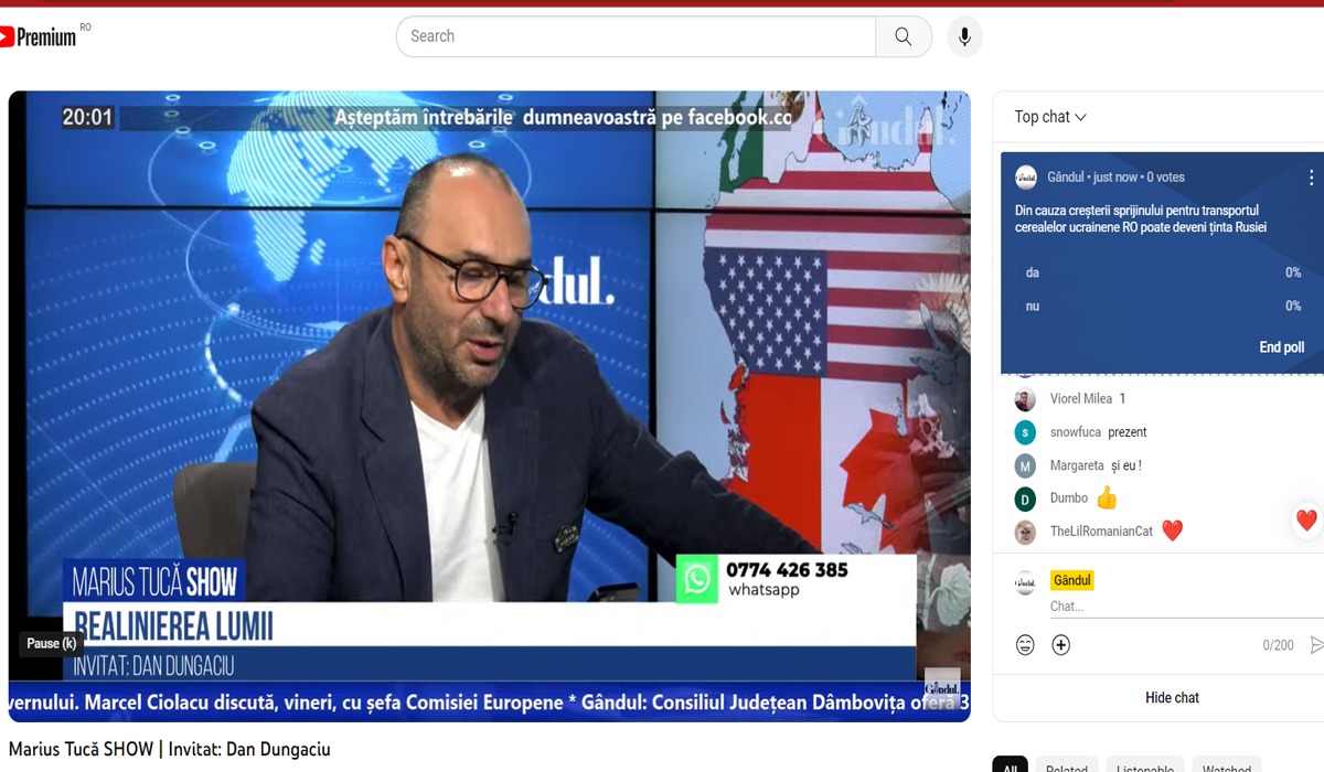 POLL Marius Tucă Show: „Din cauza creșterii sprijinului pentru transportul cerealelor ucrainene, România poate să devină țintă a atacurilor Rusiei?”