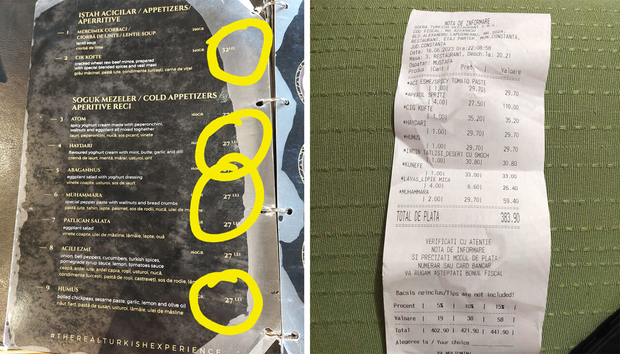 Cum a fost păcălit un TURIST la nota de plată, într-un restaurant turcesc din Constanța: „Prețurile din meniu diferă”