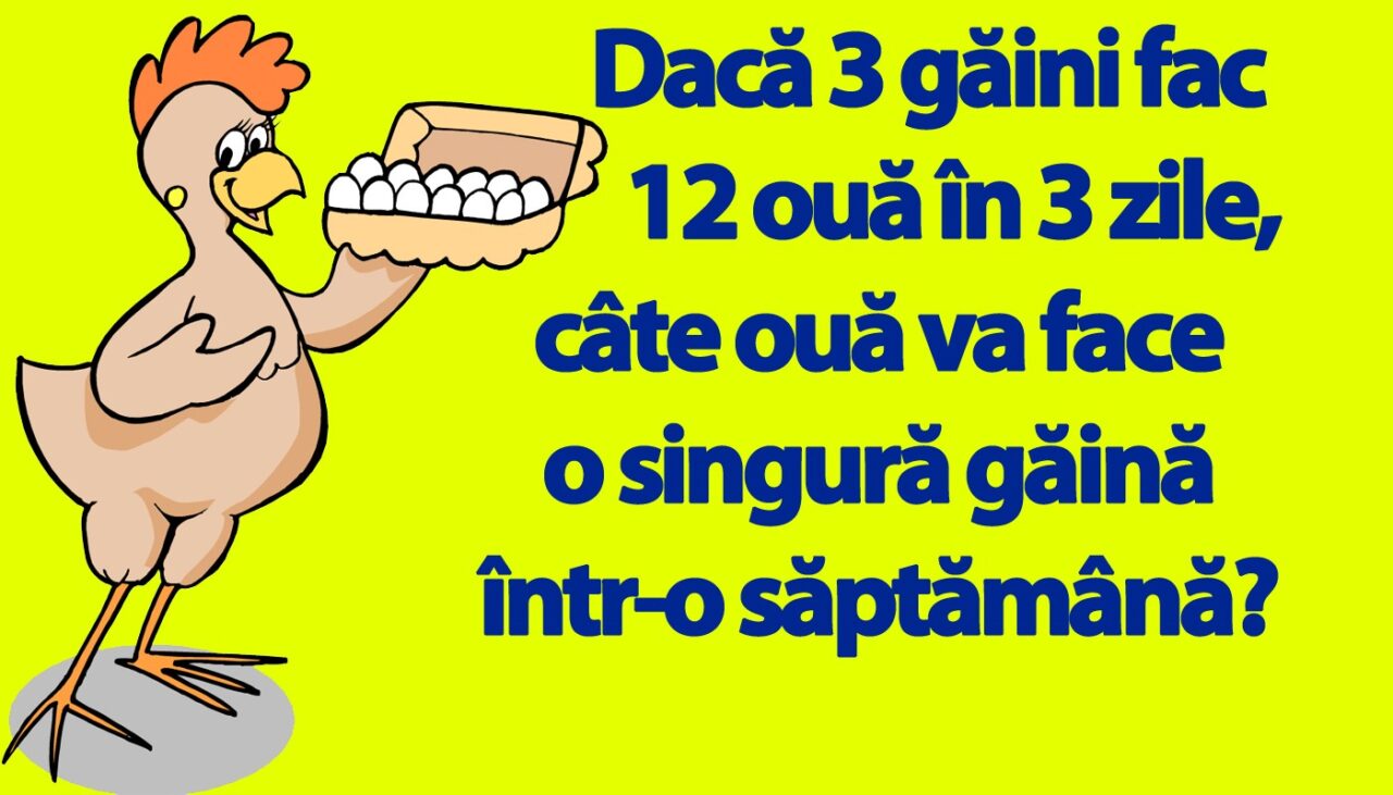TEST de inteligență | Dacă 3 găini fac 12 ouă în 3 zile, câte ouă face o singură găină într-o săptămână?