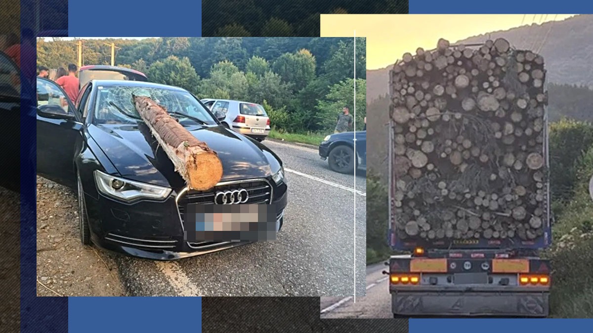 Un buștean a străpuns PARBRIZUL unui autoturism. Lemnul s-a desprins din remorca unui TIR supraîncărcat