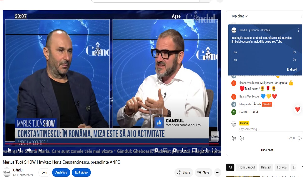POLL Marius Tucă Show: „Instituțiile statului ar trebui să controleze și să interzică limbajul obscen în melodiile de pe Youtube?”