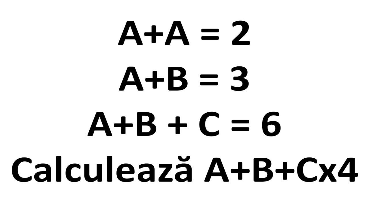Test de inteligență | A+A = 2, A+B = 3, A+B + C = 6. Calculează A+B+Cx4